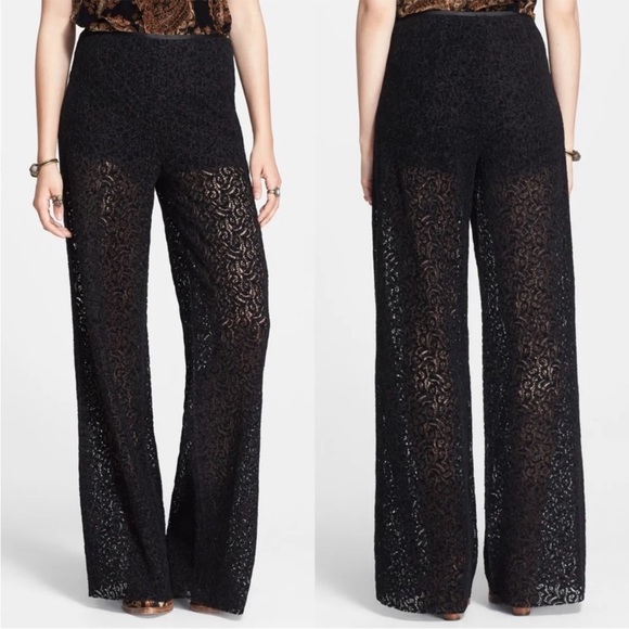 Free People Pants - Free People Sheer Velvet Lace Wide Leg Pants Black Size 4 Small, RETAIL $168